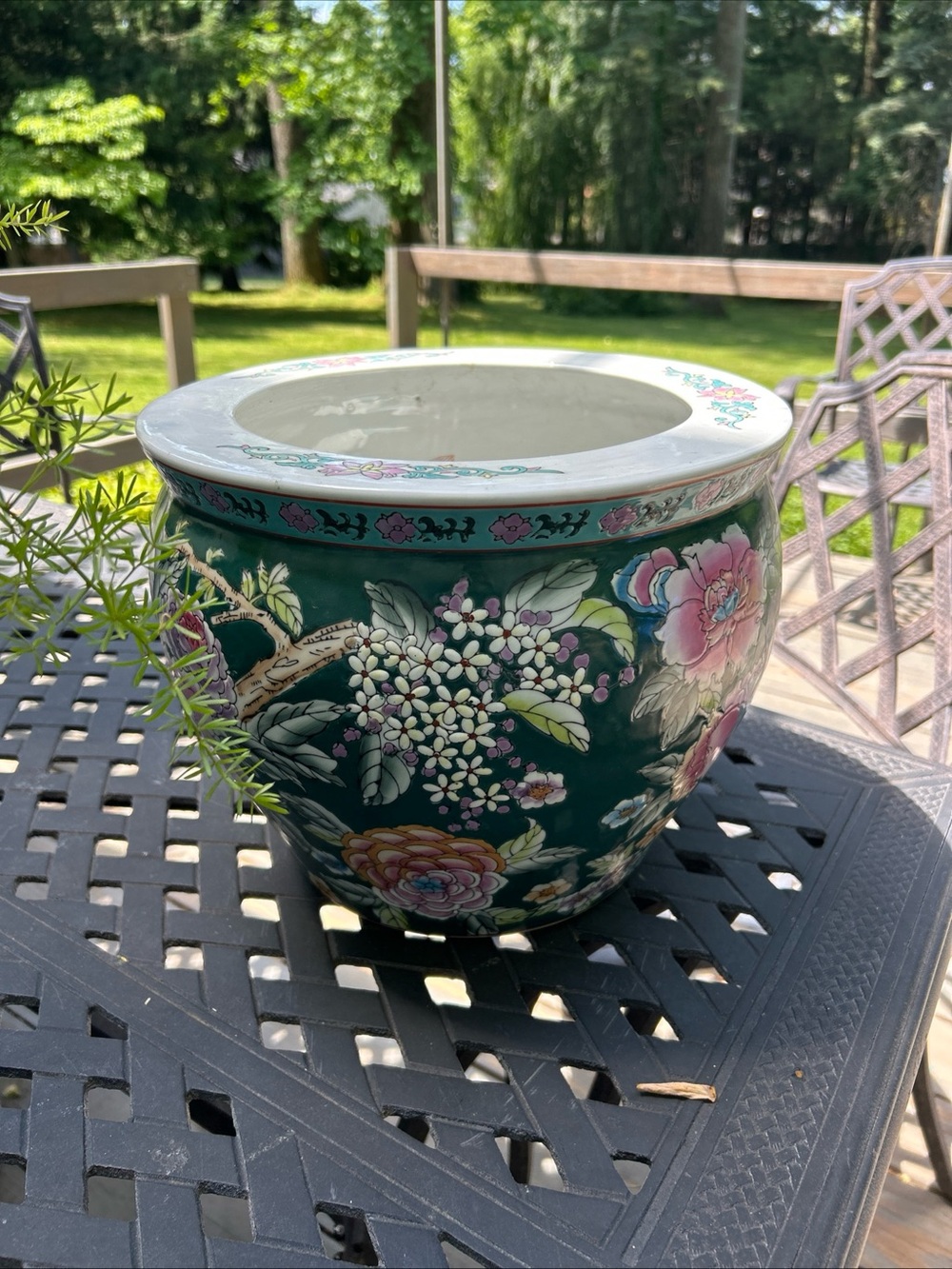 Chinese Famille Rose fishbowl planter Qianlong Mark teal vintage